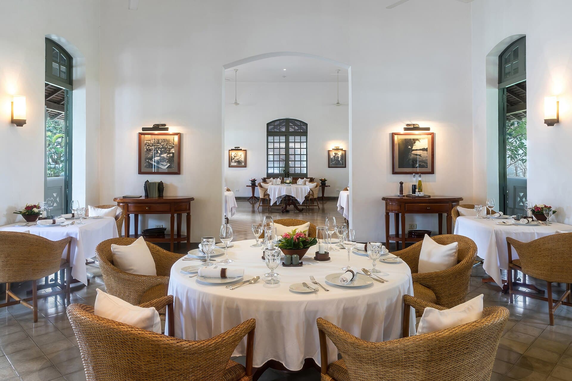 Elegant hotel restaurant set for dining